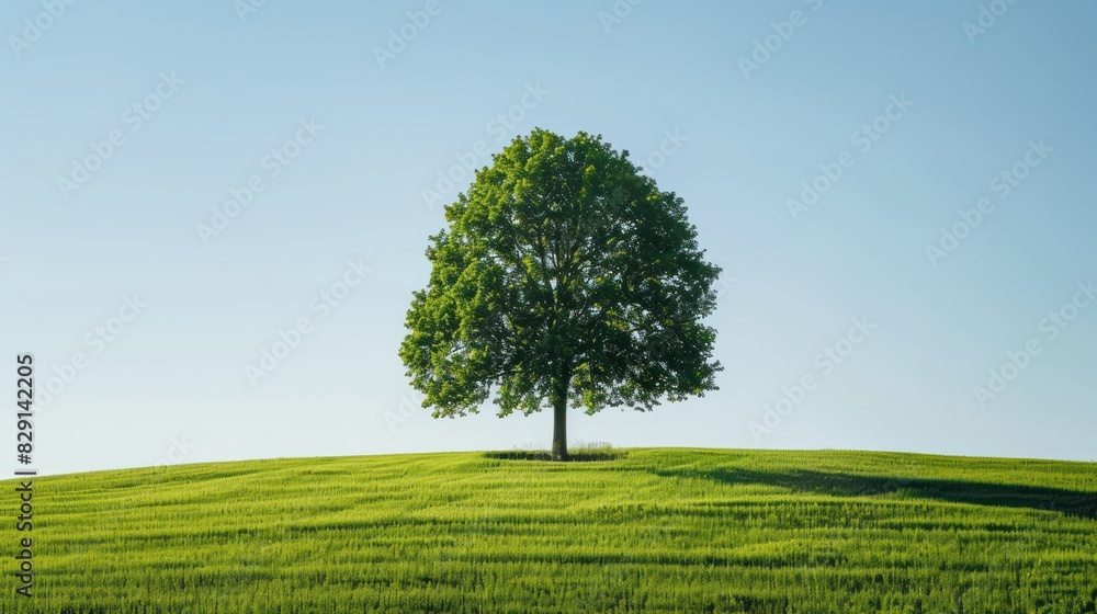 Poster a vibrant green tree standing tall in an open field, symbolizing growth and strength, with space aro