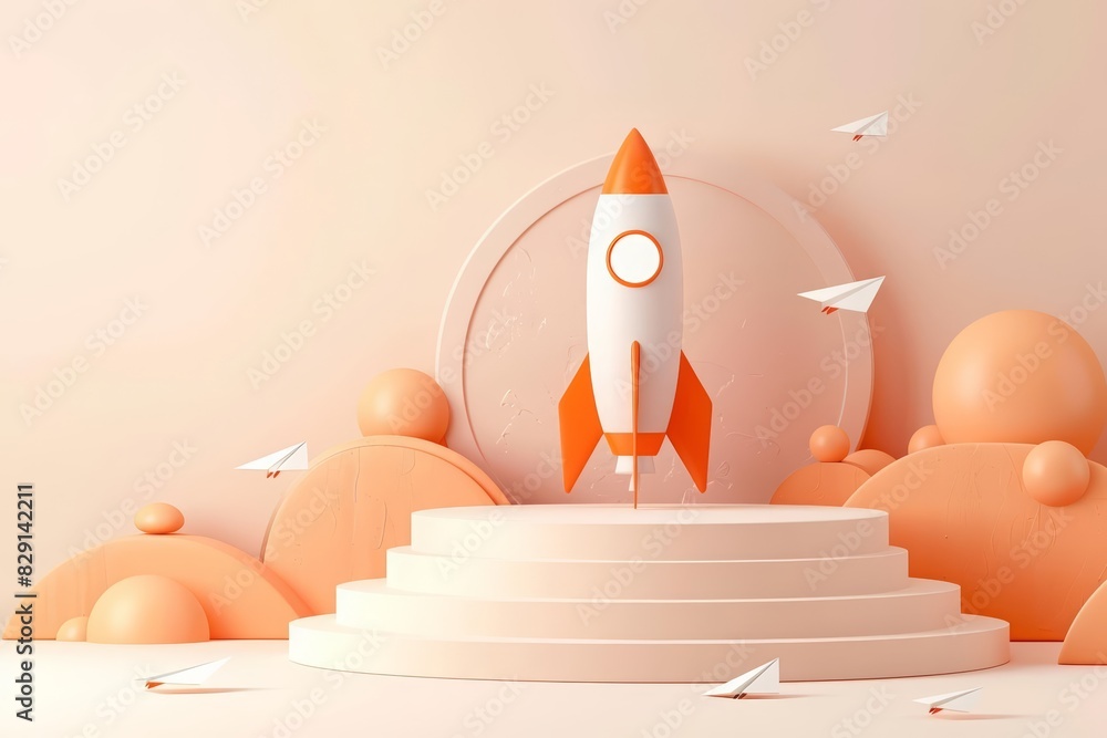 Poster a blank podium showcasing a sleek orange rocket with paper airplanes scattered around, set against a
