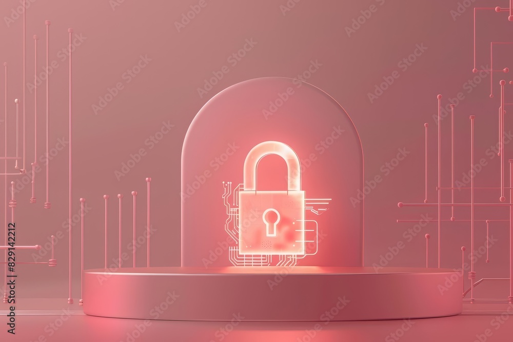Poster a blank podium showcasing a sleek, glowing padlock with digital circuits surrounding it, set against