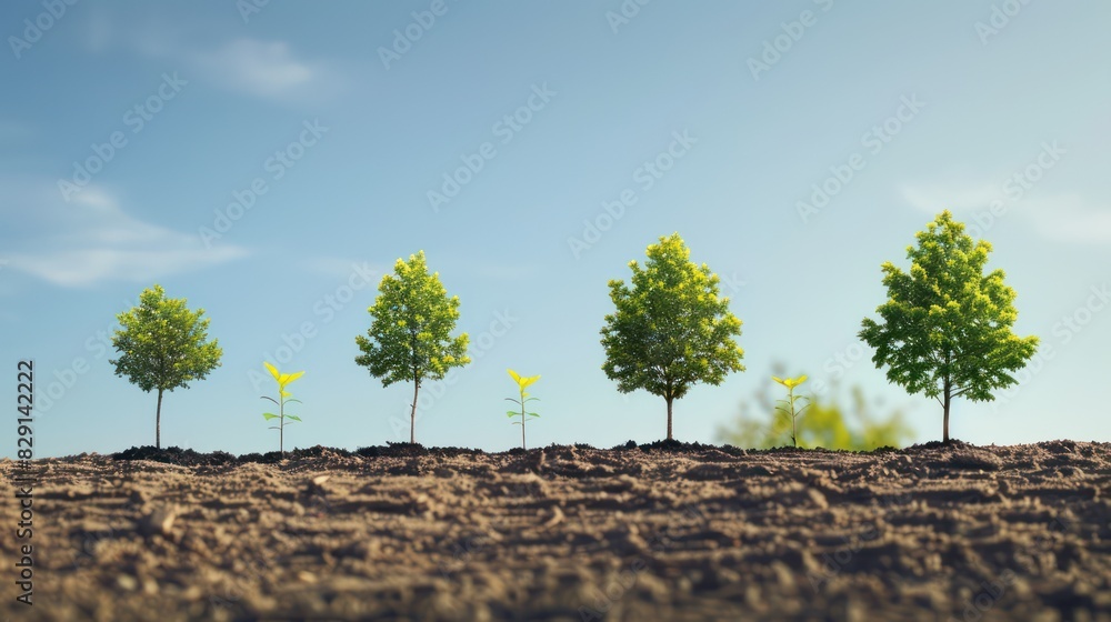 Poster a time-lapse style image showing a tree's growth from a seedling to a mature tree, with clear labels