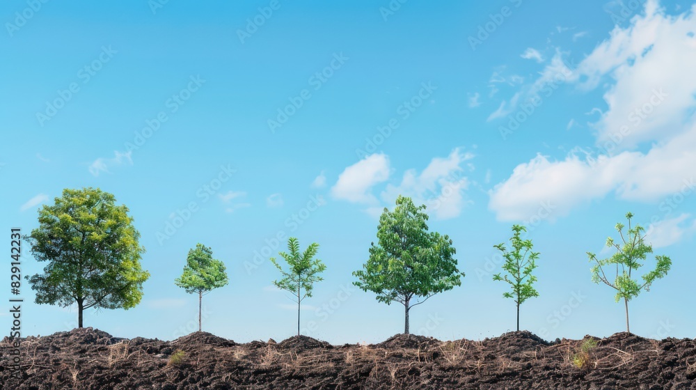 Poster a time-lapse style image showing a tree's growth from a seedling to a mature tree, with clear labels