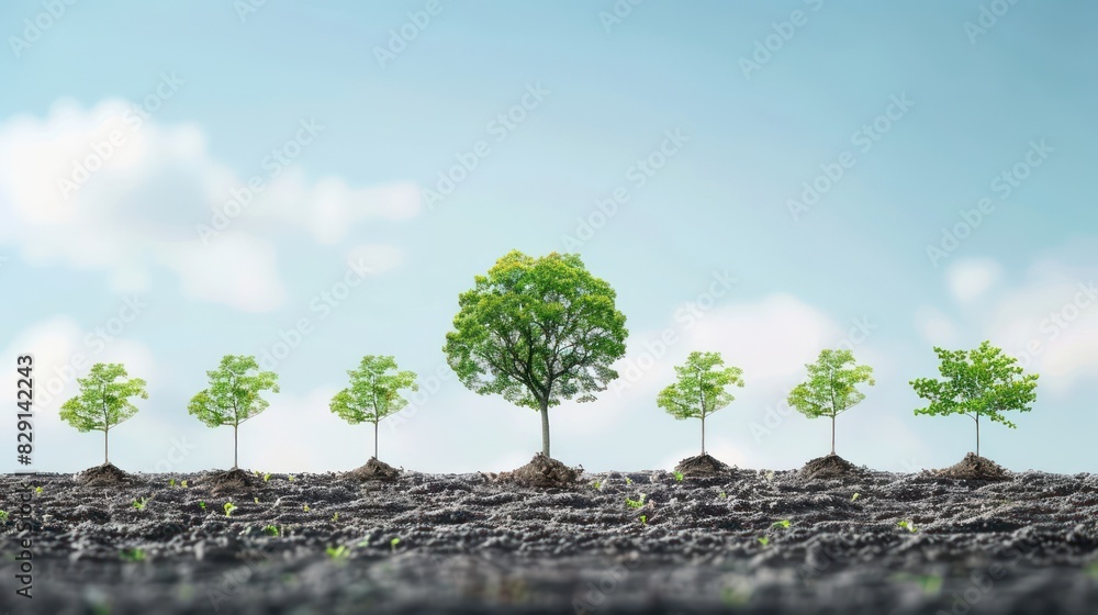 Poster a time-lapse style image showing a tree's growth from a seedling to a mature tree, with clear labels