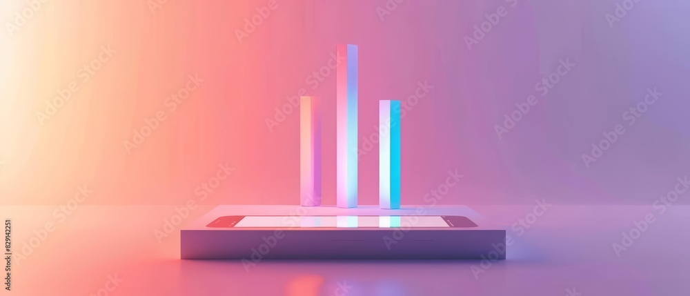 Poster a blank podium showcasing a sleek 3d bar chart emerging from a smartphone, set against a modern, min
