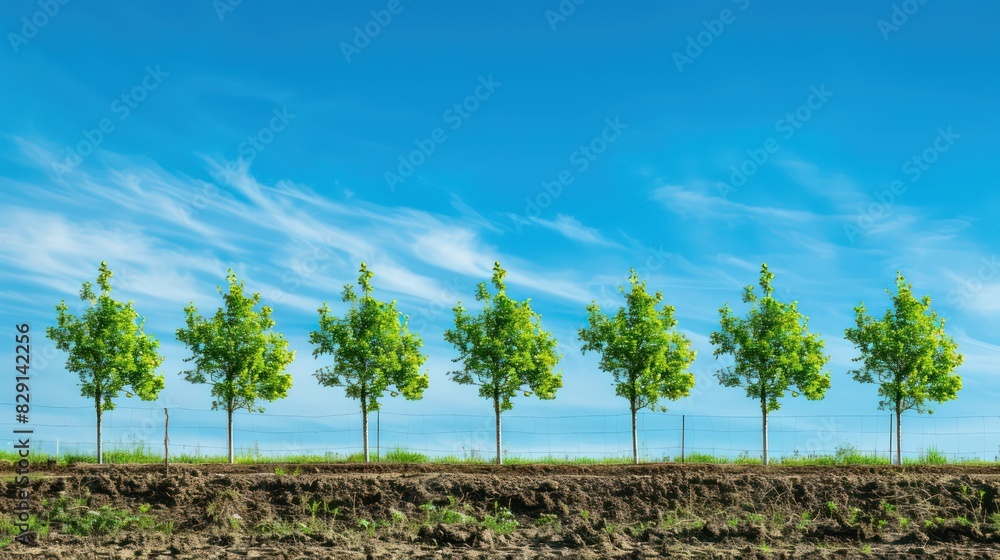 Poster a row of young trees planted along a path or fence line, with space on the path or sky for incorpora