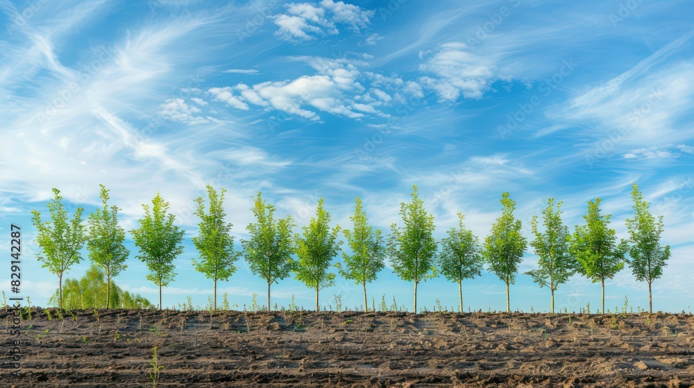 Poster a row of young trees planted along a path or fence line, with space on the path or sky for incorpora