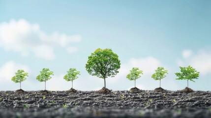 Obraz premium A time-lapse style image showing a tree's growth from a seedling to a mature tree, with clear labels or spaces between each stage for adding text or educational content 