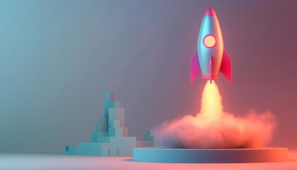 A blank podium showcasing a sleek rocket with glowing red fins and a blue body