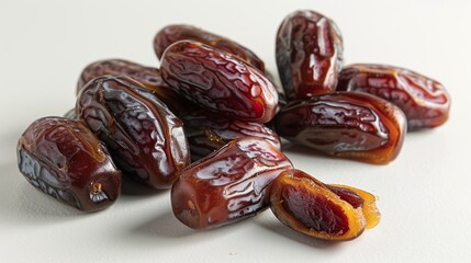 A collection of fresh, ripe dates, some whole and some sliced to show the soft, chewy interior, neatly placed on a pristine white background. isolate on white background Minimal and Simple style