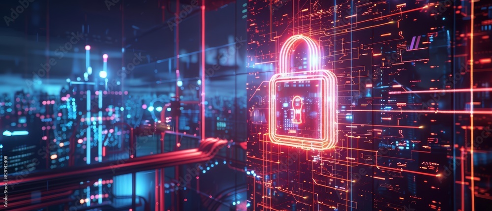 Poster a futuristic padlock symbol surrounded by glowing digital circuits and holographic elements, set in 