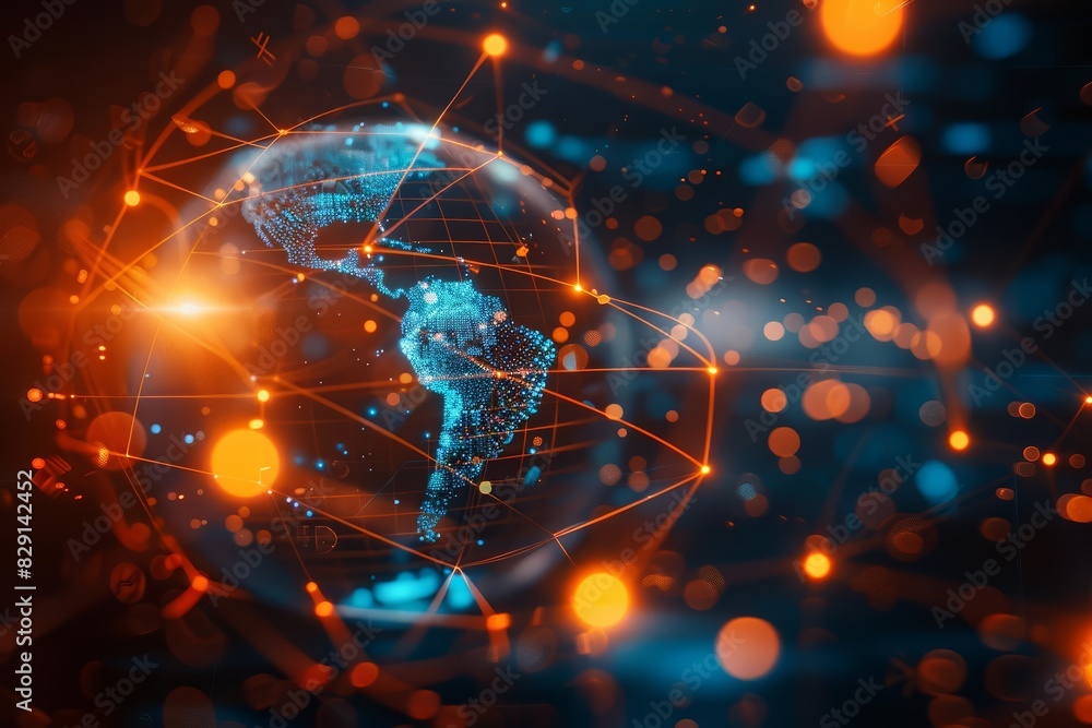 Aufkleber a glowing globe with interconnected lines and nodes representing global networks, set against a dark