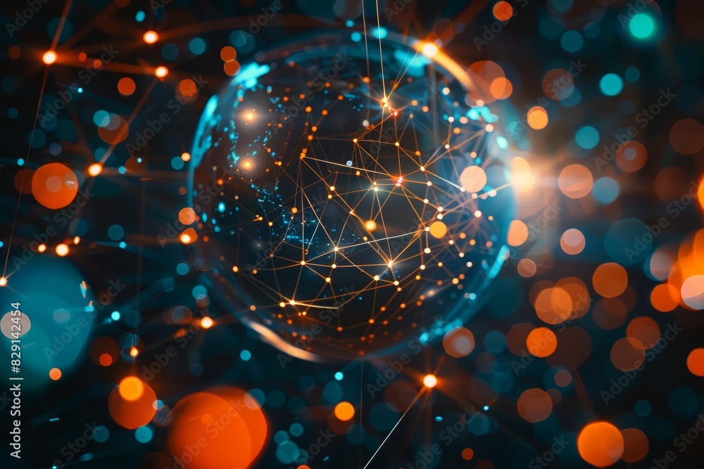 Poster a glowing globe with interconnected lines and nodes representing global networks, set against a dark