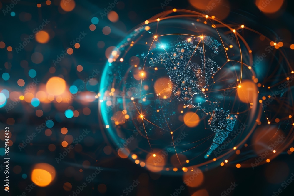 Poster a glowing globe with interconnected lines and nodes representing global networks, set against a dark