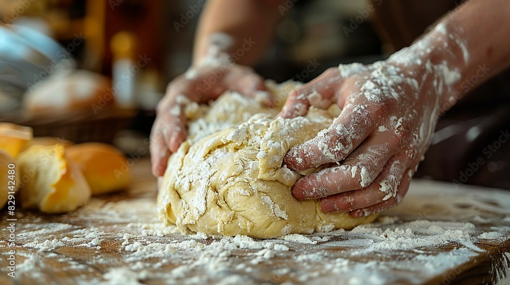 Wall mural hands of a baker kneading dough with flour dusted on their fingers and the work surface. minimal and