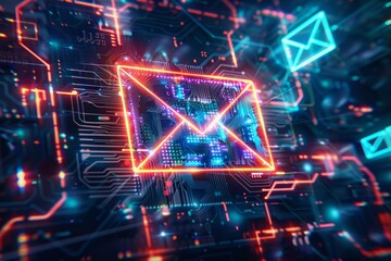 Obraz premium A glowing neon email icon surrounded by digital circuits and holographic elements, set against a hightech, futuristic background with vibrant blue and black colors