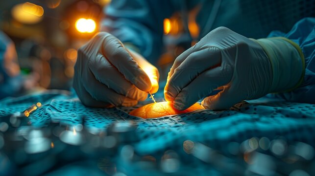 A surgeon's gloved hands precisely stitching a wound during a delicate surgical procedure. Minimal and Simple style