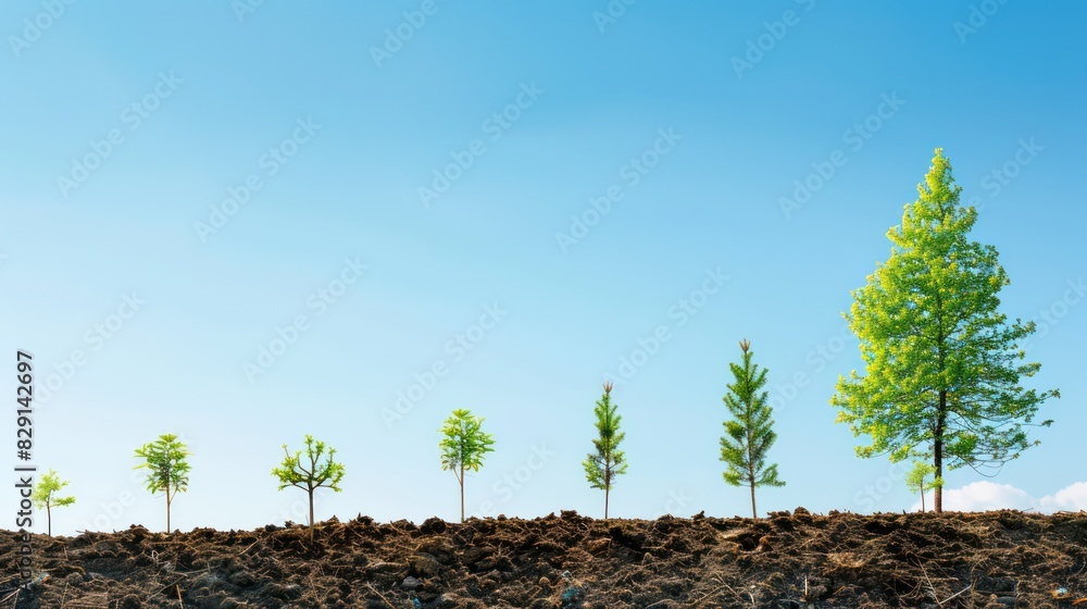 Aufkleber a sequence of saplings of different sizes arranged in a line, showing the stages of growth from seed