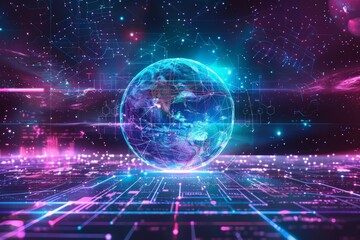 A holographic globe with neon blue and purple network connections, floating above a futuristic digital grid, set against a hightech, cyberpunk background, business concept