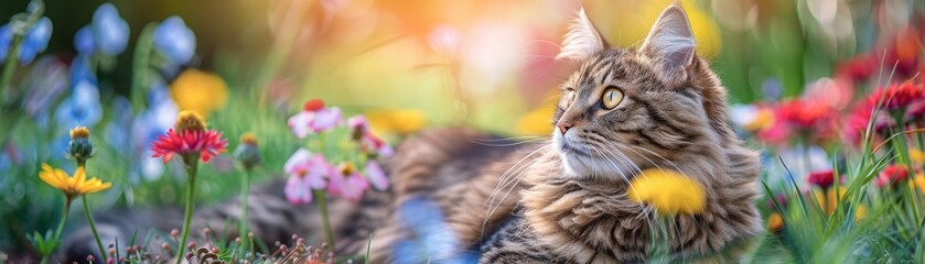 Beautiful tabby cat relaxing in a colorful garden full of flowers during a sunny day, creating a peaceful and vibrant scene.