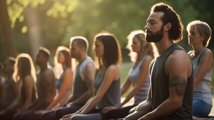 Group of adult men and women in outdoor yoga class.