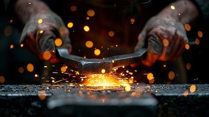 A blacksmith's hands holding hot metal with tongs, hammering it on an anvil with sparks flying. Minimal and Simple style