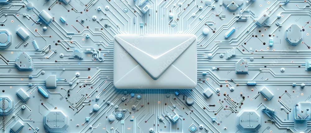 Poster a top view of a detailed email icon surrounded by intricate digital circuits and data elements, with