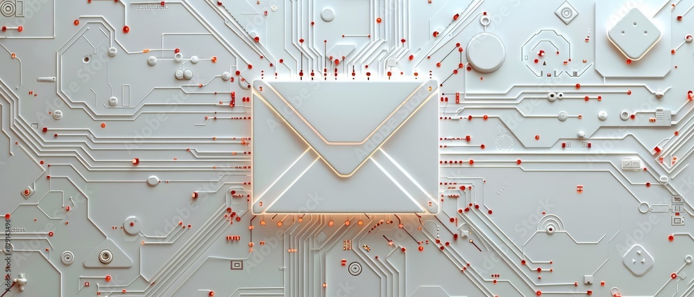 Poster a top view of a detailed email icon surrounded by intricate digital circuits and data elements, with