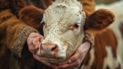 A farmer's hands milking a cow, showing the gentle yet firm grip on the udders. Minimal and Simple style