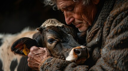 A farmer's hands milking a cow, showing the gentle yet firm grip on the udders. Minimal and Simple style