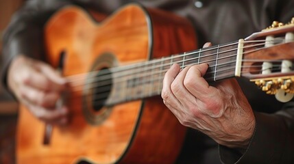 A musician's hands playing a guitar, fingers pressing down on the strings and strumming. Minimal and Simple style