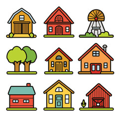 Fototapeta premium Collection colorful cartoon houses windmill, all outlines set against white background. Different styles homes trees show variety architecture landscape elements, building has unique features, roofs