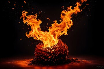A fire is burning in a small, round container