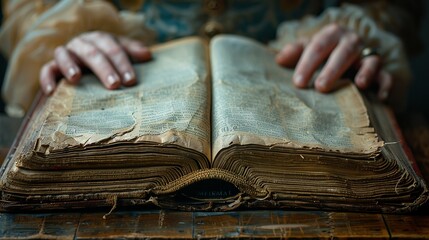 Obraz premium A librarian's hands carefully turning the pages of an old, delicate book, showing the texture of the paper. Minimal and Simple style