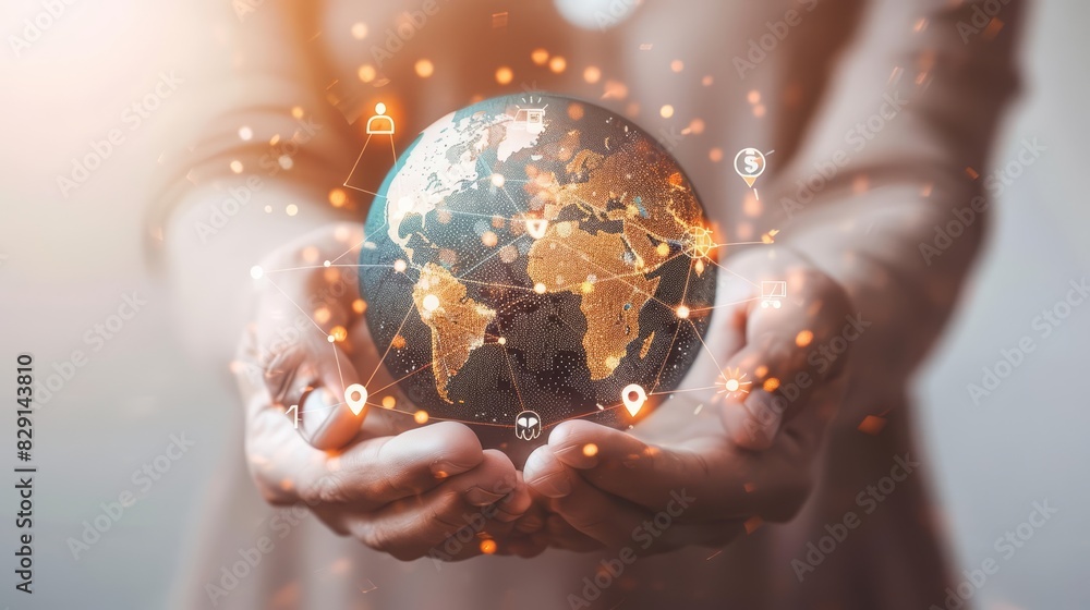 Aufkleber a top view of hands holding a detailed globe with connected network nodes