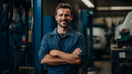 Obraz premium Happy Mechanic Man in Solid Color Attire at Garage Studio