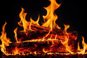 Fototapeta premium A pile of wood burning in a fire, with the flames reaching high into the air