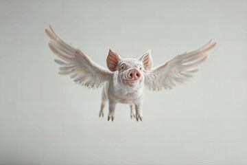 A portrait of a flying pig. Pigs can fly. Isolated on white