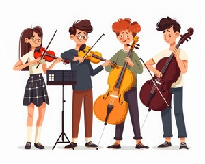 Fototapeta premium Young musicians performing in a string quartet. Cartoon style illustration of kids playing violin, cello, and double bass in a music ensemble.