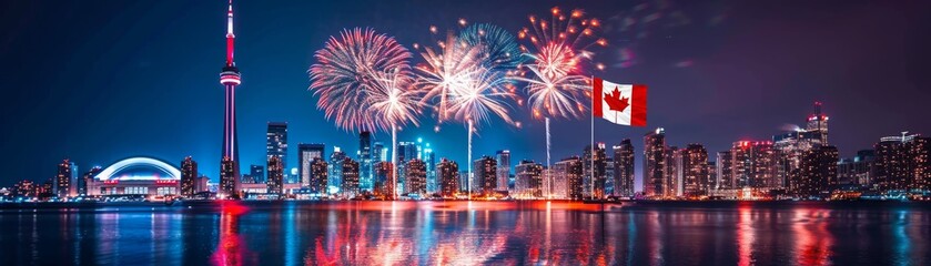 Vibrant night skyline of Toronto with colorful fireworks and a Canadian flag reflecting over the tranquil water.