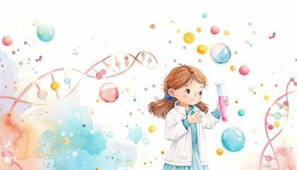 A watercolor clipart of a cute scientist holding a simplified test tube with a pastelcolored liquid