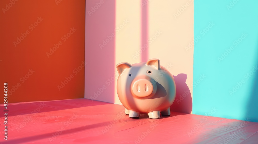 Poster a piggy bank on a colorful background with a blank area for text or graphics with minimalist style