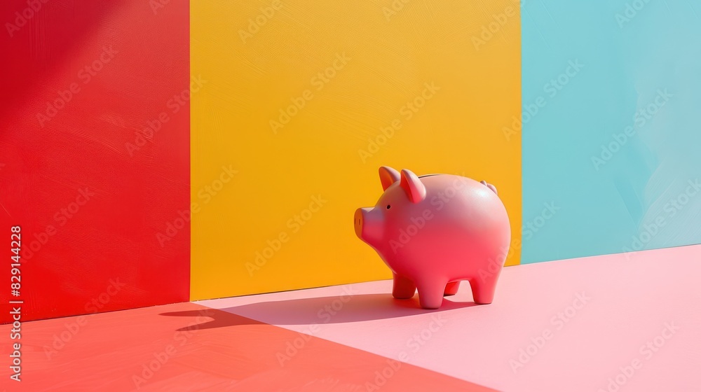 Poster a piggy bank on a colorful background with a blank area for text or graphics with minimalist style