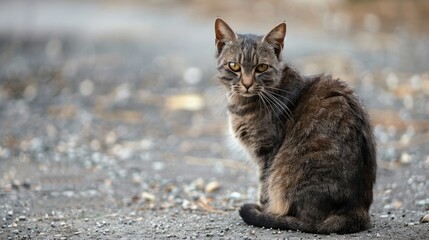 A cat with a dark brown coat is seated on the ground