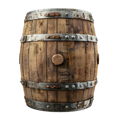 Obraz premium A wooden barrel, with metal edges and slats on the bottom, isolated white background, png.