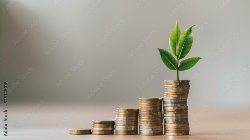 Poster a conceptual image of a bar graph made from stacks of coins with a plant growing from the tallest st