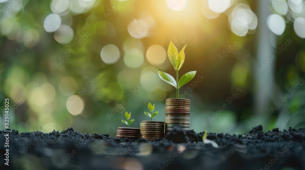Poster a conceptual image of a bar graph made from stacks of coins with a plant growing from the tallest st