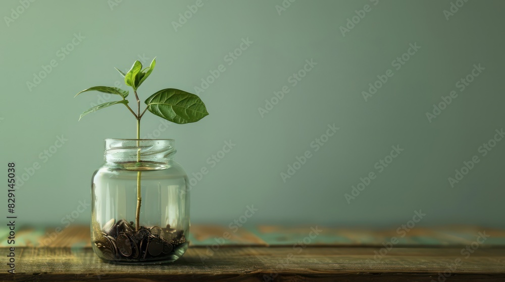 Poster a coin jar with a plant growing from the top, placed on a wooden table with empty space beside it fo