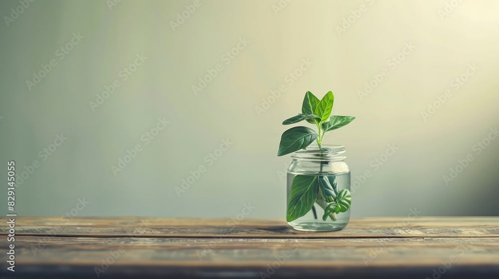 Poster a coin jar with a plant growing from the top, placed on a wooden table with empty space beside it fo