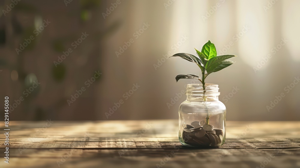 Poster a coin jar with a plant growing from the top, placed on a wooden table with empty space beside it fo