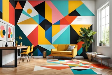 A colorful room with a yellow couch and a green plant