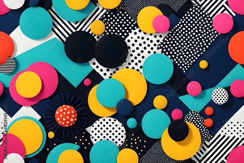 Poster a colorful collage of circles and squares with a polka dot pattern